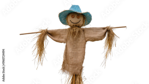 Billede på lærred Rustic scarecrow figure wearing a teal cowboy hat grinning with stitched mouth a
