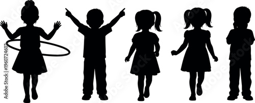 Children silhouettes vector illustration with playful poses, black artwork symbolizing childhood, activity, expression, and joyful themes
