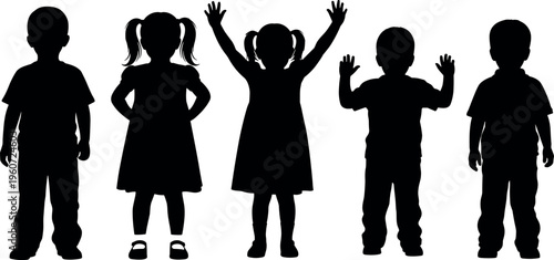 Children silhouettes vector illustration showing standing poses with raised arms, hands on hips, relaxed stances, childhood posture artwork