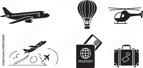 Aviation and Travel Icon Set with Airplane, Helicopter, and Passport
