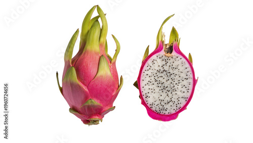 Foto Vibrant pink dragon fruit whole and halved revealing black seeds and juicy white