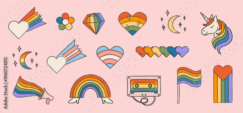 Hand-drawn retro Pride icon set with rainbow gradients and inclusive LGBTQ symbols. Vibrant 70s 80s nostalgic doodle collection with hearts, unicorns, rainbows for pride month. Vector illustration.