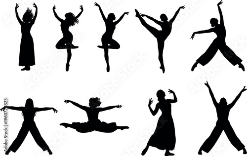 Foto Dance silhouettes vector illustration showing dynamic poses, leaps, spins, expre