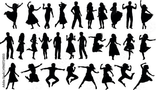 Dancing people silhouettes vector illustration with diverse movements, black artwork symbolizing rhythm, energy, motion, and expressive themes