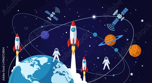 Illustration of a family standing near rockets launching into outer space with planets and satellites on International Day of Human Space Flight.