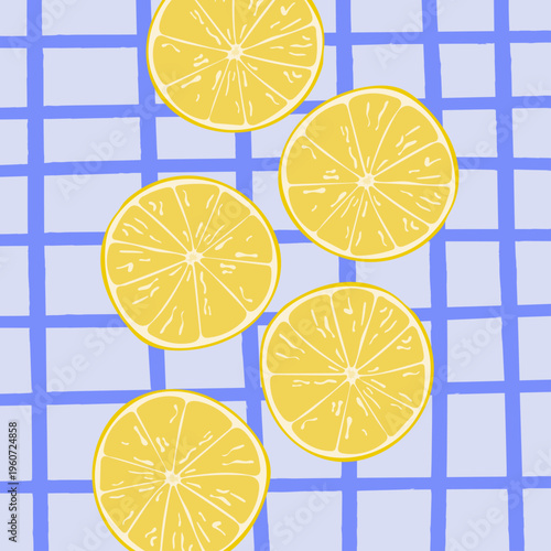 Seamless lemon slice pattern on blue grid background