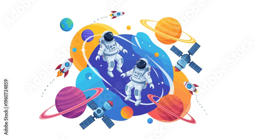 Illustration of two astronauts in outer space with planets, stars, and satellites, celebrating the International Day of Human Space Flight with a colorful galaxy background.
