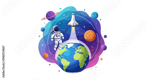 Illustration of an astronaut standing on Earth with a rocket launching into outer space on International Day of Human Space Flight, surrounded by planets and galaxies in a colorful design.