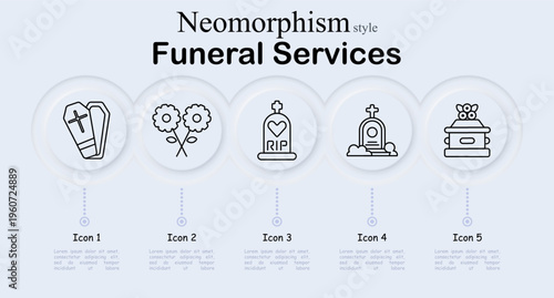 Funeral services set icon. Neomorphic circular interface line icons with coffin casket cross, memorial flowers bouquet, rip tombstone heart, grave monument cross, funeral urn altar.