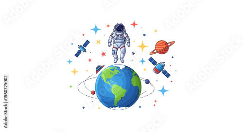 Illustration of an astronaut standing on Earth surrounded by planets, stars, and spaceships in outer space, celebrating International Day of Human Space Flight.