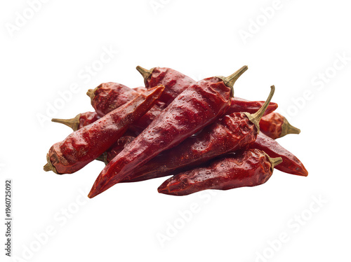 Whole hot red dried chili peppers with stems in a large heap isolated transparent background image