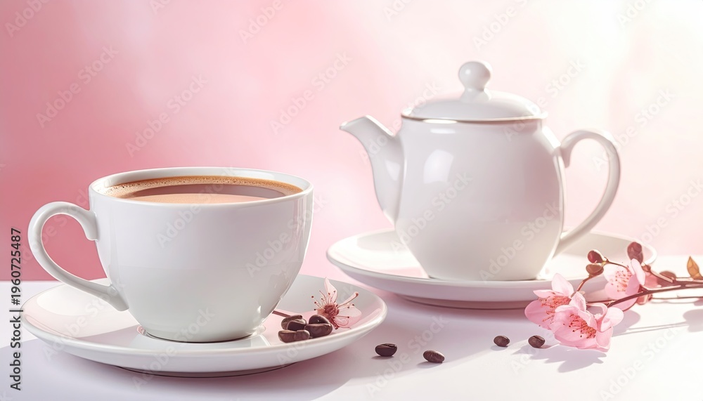 Fototapeta premium A still life of a teacup with saucer, teapot, and cherry blossoms on a pink backdrop