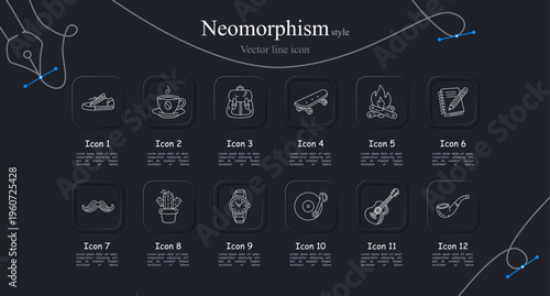 Hipster lifestyle set icon. Sneaker shoes, coffee cup, travel backpack, skateboard ride, campfire flame, notebook sketch, moustache style, cactus plant, wristwatch timepiece, vinyl record