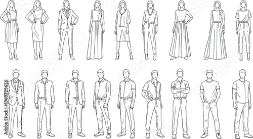 Male and female fashion silhouettes vector illustration showing diverse clothing styles, posture variations, design reference, character modeling artwork