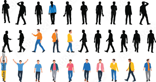 Male silhouettes and colored figures in casual clothing, walking and standing poses, vector illustration for posture recognition, animation, and design projects