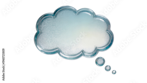 Fotografie Shiny blue plastic cloud-shaped thought bubble with three small silver spheres,