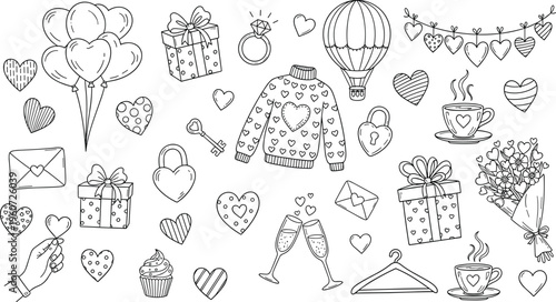 Romantic love elements vector illustration with hearts, balloons, gifts, rings, flowers, coffee cups, celebration concept, Valentine’s Day design representation