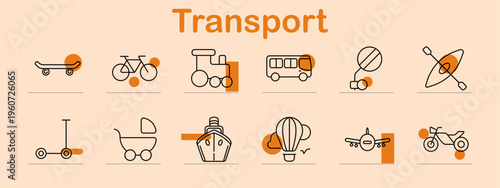 Transport set icon. Line symbols depict skateboard, bicycle, train engine, bus, rearview mirror, kayak, scooter, baby stroller, ship, hot air balloon, airplane, motorcycle.