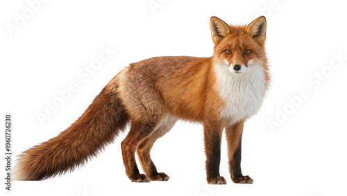 Foto Reddish-brown adult fox standing alert with fluffy white chest and tail, isolate