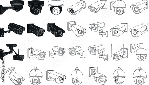 Surveillance camera icons vector illustration showing dome, bullet, PTZ designs in filled and outlined styles, security system design artwork