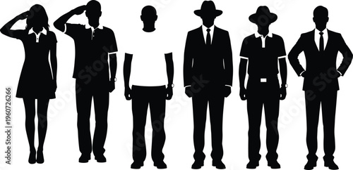 Silhouettes of diverse people in professional casual and formal clothing including businessmen saluting military personnel and men wearing hats isolated