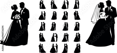 Wedding couple silhouette icons vector illustration with black design, bride and groom symbol artwork, romantic marriage concept element
