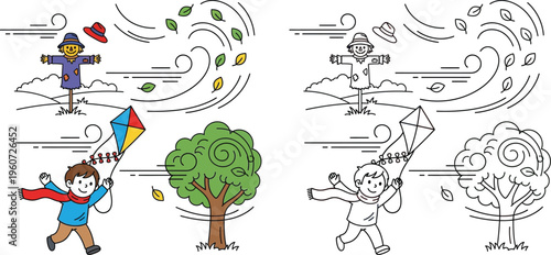 Boy Flying Kite on a Windy Autumn Day with Scarecrow and Tree