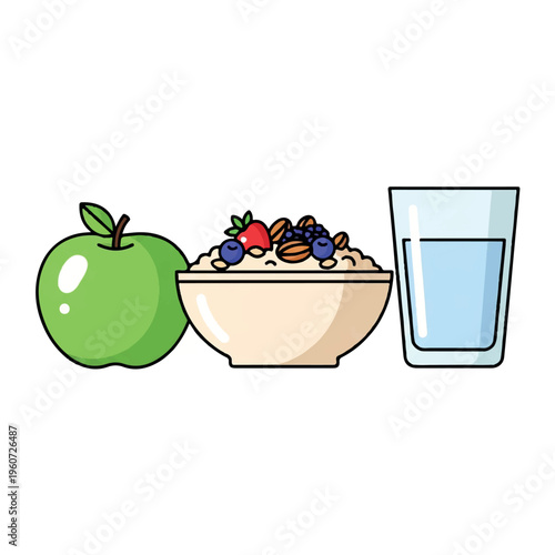 A colorful cartoon illustration of a bowl of oatmeal with fruit, a green apple, and a glass of water on a plain white background.