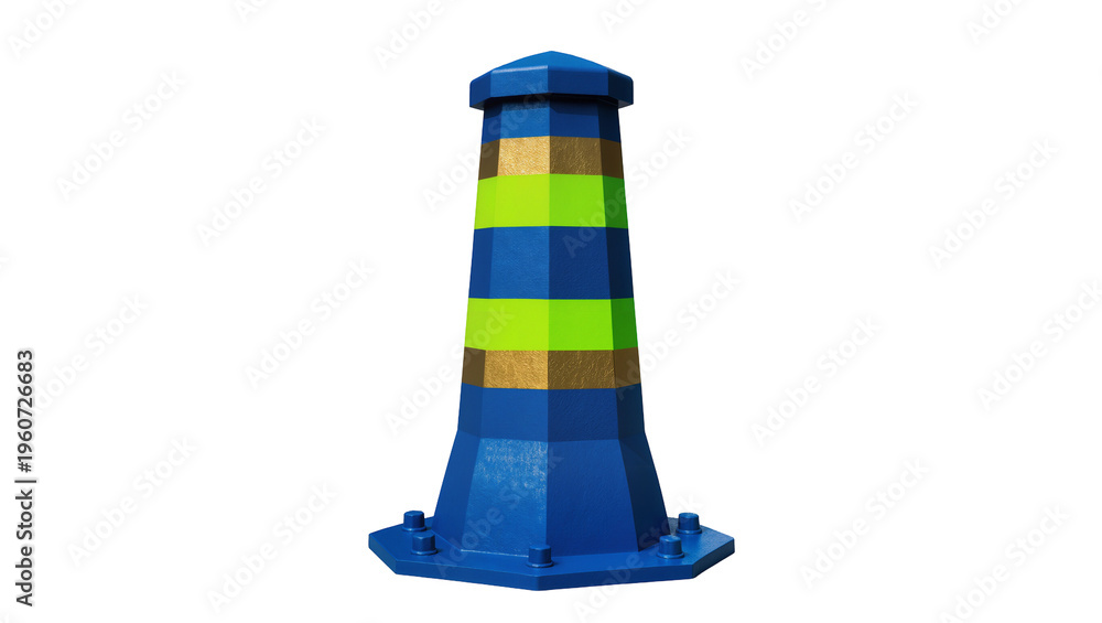 Fototapeta premium Blue and green striped lighthouse tower with a dark gray roof and a wide base, isolated on transparent background for nautical designs