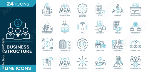 Business structure icon set. Company, business team, organization, CEO, manager, partnership, hierarchy, employees, shareholder, collaboration and more. Line vector icons collection.