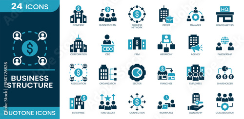 Business structure icon set. Company, business team, organization, CEO, manager, partnership, hierarchy, employees, shareholder, collaboration and more. Duotone vector icons collection.