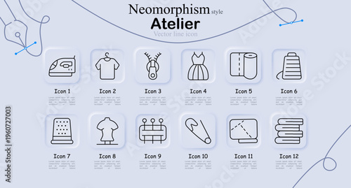 Atelier set icon. Sewing machine, shirt, zipper, dress, fabric roll, thread spool, thimble, mannequin, pin board, safety pin, pattern sheet, folded textiles line icons