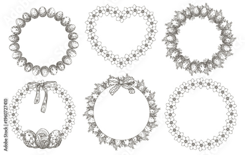 Set of Easter wreath with white flower and egg in vintage sketch style. Hand drawn vector decorative festive design. Outline graphic round and heart floral frame for spring greeting card template.