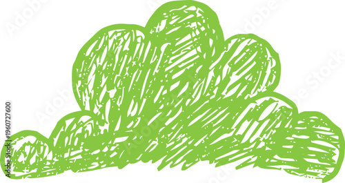 Crayon grass, childlike illustration, green scribble chalk texture. Nature lawn, field, spring, summer.