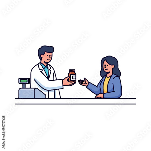 Illustration of a pharmacist handing medication to a customer over a counter in a flat, graphic style with a clean white background.