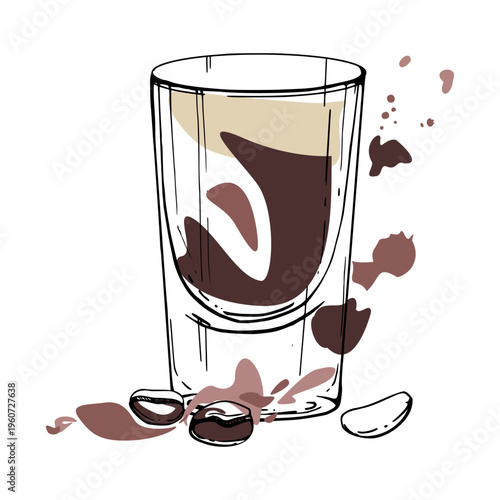 Coffee beans, chocolate, cream caramel or stout beer shot, dark espresso base and froth top, vector ink outline. Isolated illustration hand drawn for bar icons, Irish drink menu, modern cafe branding.