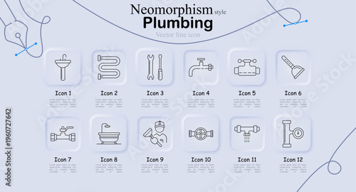 Plumbing set icon. Sink, pipes, wrench, faucet, valve, plunger, mixer, bathtub, plumber, pipeline, filter, drain, water system, repair service, sanitation equipment.