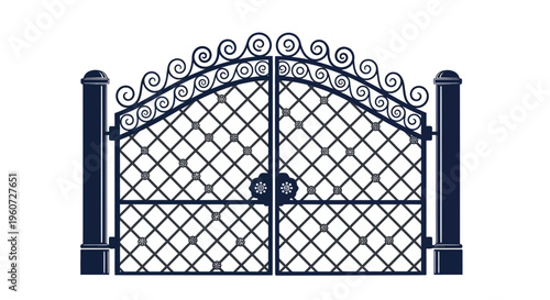 Decorative metal gate with scrollwork design.
