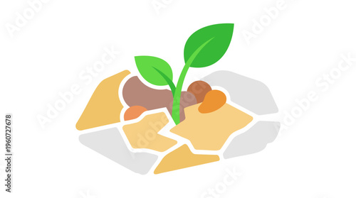 A small green sprout with two leaves growing from cracked, dry earth, symbolizing new life and resilience.