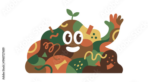 A friendly, cartoon illustration of a compost pile with a sprout, eyes, and a waving arm, representing healthy soil and organic matter.