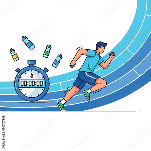 A man runs on a blue track with a stopwatch and water bottles nearby, conveying a sense of athleticism and urgency.