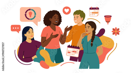 Diverse group of young people discussing menstruation and women's health with related icons.