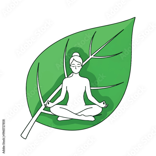 Illustration of a serene person meditating in a lotus position on a large green leaf with a white background.