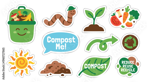 A vibrant collection of cartoon stickers promoting composting and environmental sustainability, featuring a happy compost bin, worm, plant sprout, fresh vegetables, and reduce reuse recycle message.
