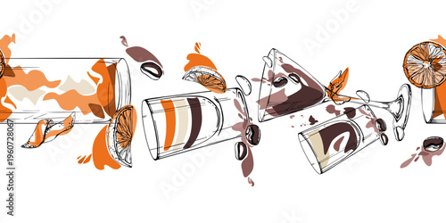Coffee, chocolate and tea, punch juice or dark beer drinks in ink glasses. Hand drawn seamless cocktail band in clean vector lines for menu borders, recipe pages, packaging strips, decorative layouts.