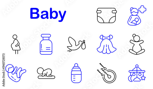 Baby care set icon. Line style icons display diaper garment, mother child, pregnant woman, milk bottle, stork delivery, baby blanket, sitting baby, crawling baby, feeding bottle, teether ring