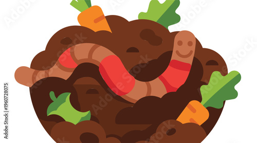 A friendly cartoon earthworm with a smiling face in a pile of rich brown soil with green leaves and carrot scraps, illustrating composting or healthy garden soil.
