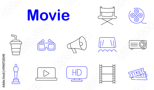 Movie cinema set icon. Line style icons display director chair, film reel, drink cup, 3d glasses, megaphone, stage curtain, projector device, award statue, video player, hd screen
