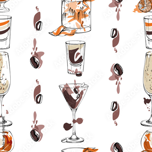 Tea, chocolate, coffee drinks. Minimal brown orange cocktail tile with citrus slices, beans divider lines. Hand drawn seamless vector ink pattern for cafe decor, lifestyle prints, culinary products.