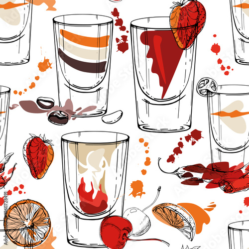 Cocktail mix of citrus, cherry and strawberry berries, coffee beans. Hand drawn ink shot glasses. Seamless pattern with vivid liquid splashes. Vector for nightlife branding, bar posters, notebooks
